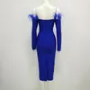 Casual Dresses Wholesale Woman's 2023 Stretch Knit Blue Long Sleeves Slash Neck Feather Sexig kväll Kändis Cocktail Party Bandage Dress