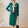 Vestido de duas peças francês romântico elegante mulheres outono grosso tecido bling lantejoulas vintage esmeralda tweed jaquetas duas peças conjuntos de saia 230827