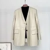 Julypalette de cuero para mujer, chaqueta de piel de cordero de primera capa para otoño 2023, chaqueta con cuello en V, abrigos de moda con dos botones, chaquetas genuinas para mujer