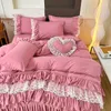 Conjuntos de cama Coreano Princesa Estilo Set Stitch Lace Ruffles Duvet Cover Cama Saia Colcha Folha com Fronhas