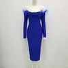 Casual Dresses Wholesale Woman's 2023 Stretch Knit Blue Long Sleeves Slash Neck Feather Sexig kväll Kändis Cocktail Party Bandage Dress