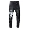 Herrenjeans Herren Schwarz Distressed Scratched Printing Slim Jeans Streetwear Beschädigte Löcher High Stretch Skinny Angel Gedruckt Zerrissene Jeans 230827