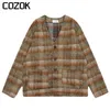 Men's Sweaters 2023 Retro Cardigan Sweater Men Harajuku Mohair Stripe Brown Plaid Knitted Hip Hop Streetwear Loose Fleece Button Coat 230826