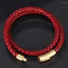 Bracelets porte-bonheur à la mode hommes femmes rouge véritable cuir tressé Bracelet Punk mode acier boucle Bracelet cadeau FR0488