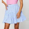 Saias Mulheres Cintura Alta Ruffle Saia Xadrez Verão Casual Swing Estilo Acadêmico Moda A-Linha Elástica