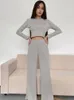 Women's Sleepwear Hiloc Grey Ribbed In Matching Sets Full Sleeves Crop Tops Women Knitted High Waist Pajamas Set 2023 Autumn