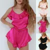 Vêtements de nuit pour femmes Ruffle Satin Pyjama Set Femmes Sling Top et Shorts Costumes Solide Couleur Strappy Sexy Night Wear 2023 Filles Rose Sweety Sleep