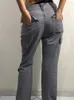 Women's Jeans WeiYao Gray Casual Stitched Pocket Cargo Pants Women Low Waist Vintage Streetwear Jeans Korean Fashion Straight Denim Trousers 230826