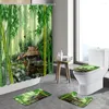 Tende da doccia Set di tende foresta primaverile Tappetino da bagno Giungla tropicale Albero Pianta verde Scenario Bagno Tappeto antiscivolo Copriwater Coperchio Tappeto