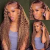 180density Curly Human Hair Long Deep Wave Frontal Blonde Highlight Transparent Lace Pre Plucked Synthetic