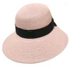 Chapéus de borda larga Womens Summer Straw Beach Cap Preto Bowknot Fita Dobrável UV-Protect