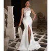 Gorgeous Mermaid Beading Wedding Dresses Sexy Jewel Neck Lace Split Bridal Gowns Sweep Train Robe De Mariee Custom Made 328