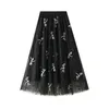 Skirts Women's 3D Three Dimensional Embroidered Dragonfly Embellished Mesh Long Skirt High Waist