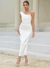 Casual Dresses Sexy One-Shoulder Pleated Lace Long Dress Summer Women White Sleeveless Split Slim Elegant Celebrity Party Cocktail Dresse