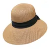 Chapéus de borda larga Womens Summer Straw Beach Cap Preto Bowknot Fita Dobrável UV-Protect