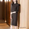 Casual Dresses Elegant Contrasting Color Ironing Diamond Bottom Dress For Women 2023 Autumn Long Sleeve Turtlenecks Knitted Knee-length