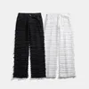 Men's Jeans White Hip Hop Jeans Striped Tassel Frayed Straight Baggy Jeans Pants Harajuku Male Female Solid Streetwear Casual Denim Trousers 230827