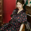 Women's Sleepwear Black Ice Silk 2PCS Floral Pajamas Sets Female Spring Summer Lace Sexy Intimate Nightwear Short Sleeve Pant Home Wear