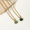 Correntes 14k verde aventurina redondo pingente Figaro corrente de aço inoxidável colar vintage banhado a ouro clavícula para mulheres
