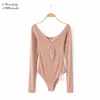 Kvinnors jumpsuits rompers Bradely Michelle Casual Long Sleeve Off Shoulder Slim Knitted Bodysuit Club Streetwear Jumpsuits For Women Tops 230826