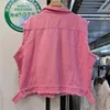 여자 조끼 구슬 구슬 다이아몬드 데님 조끼 여성 패션 느슨한 짧은 카우보이 허리 코트 밑단 닳은 흰 분홍색 슬리빙 청바지 재킷 코트