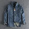 Men's Dress Shirts Autumn custom woven striped washed used denim shirt men's work style American retro trend youth shirt 230826