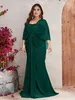 Green Mother Of The Bride Dresses Beads Appliqued Evening Long Sleeves Side Split Ruched Satin Tail Formal Mother's Wear Plus Size Wedding Guest Dress Prom 403