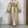 Etnische kleding Lente feestjurken voor vrouwen Borduren Lange mouwen Gordel Kant Abaya Moslim Dubai Toga Vest Marokko Avond