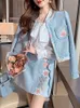 Zweiteiliges Kleid Mode Korea Herbst Winter Frauen Sets Hochwertige Stickerei Vintage Jack Tweed Mantel und Minirock Zweiteiliges Set 230827