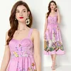 Casual Dresses Fashion Designer Runway Summer Beach Dress Women Spaghetti Strap Vintage Animal Flower Print Purple Party Midi Vestidos N528