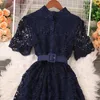 Basic Casual Dresses Sweet Style Women's Dress Lace Hook Flower Hollow Out Short-sleeve Solid Color High Waist Summer New Dresses 2024