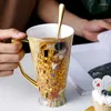 Tassen, Kaffeetasse aus Knochenporzellan, Gustav Klimt, Teetassen mit Deckel und Löffel, großes Fassungsvermögen, Keramik-Trinkgeschirr, Heimdekoration