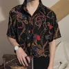 メンズドレスシャツ夏の薄い絹のような柔らかいポリエステル短袖メンフローラルプリントシャツハワイアンレトロモダントレンド韓国230826