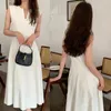 Casual Dresses Korejpaa Simple Solid Women Dress Elegant Sleeveless V Neck White Korean Fashion High midja Midi Vestidos Summer