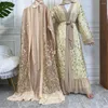 Etnische kleding Lente feestjurken voor vrouwen Borduren Lange mouwen Gordel Kant Abaya Moslim Dubai Toga Vest Marokko Avond
