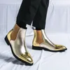 Сапоги Gold Chelsea Men Pu High Top Ancle Round Toe Fashion Nightclub Hair Stylist Classic Rock Style 230826