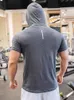 Herrtröjor tröjor kort ärm t -shirt kör fitness hoody elastisk snabb torr sommarfast med hood gym hoodie 230826