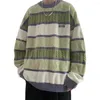 남자 스웨터 가을 겨울 남성 스웨터 레트로 대비 컬러 줄무늬 긴 소매 느슨한 딱딱한 두꺼운 캐주얼 풀버 탑