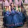 Abiti da quinceanera a maniche lunghe scintillanti blu scuro vestidos de 15 anos applique 3d fiori 3d in pizzo abiti da festa di compleanno formali formali