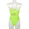 Kvinnors jumpsuits Rompers Neon Green Mesh Transparent Bodysuit Sexig backless randiga ärmlösa overaller Party Fashion Spaghelti Strap 230826