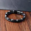 Charm Bracelets Leather Bracelet Men Natural Stone Bead Genuine Woven Stainless Steel Multi-layer Jewelry