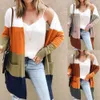 Sweater For Women Fashionable Big Pocket Coat Autumn And Winter Long Striped Color Matching Cardigan