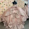 Luxury Glittering Rose Red Off-Shoulder Quinceanera Dresses Applique Pärlor Vestidos de 15 Anos Corset Birthday Party Ball Gown