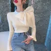 Women's Sweaters O-neck Bow Cute Knits Tees Flare Long Sleeve Sweet Knitted Sweater Tops Shirt