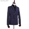 Business Double Striped Dress Suit Men Double Breasted Mens Navy Blue Blazer Jacket With Pants Grooms Singer Host DJ Suits Homme Q230828