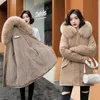 Jaqueta feminina parka moda longo casaco de lã forro com capuz parkas jaqueta de inverno fino com gola de pele quente neve usar roupas acolchoadas l230826