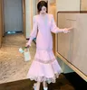 Casual Dresses Fashion Runway Women Pleated Party Dress Spring Sexy V Neck Lantern Sleeve Chiffon Patchwork Lace Bodycon Slim Long