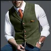 ヨーロッパの男性用ベスト男性のためのツイードスーツビジネス服縞模様のチョッキパンクベストグルームマンウェディングBrwonブラックグレージャケットQ230828