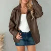 Kvinnorjackor Kvinna Vintage Faux Leather Jacket Solid Long Sleeve Lapel Neck Knappar Dragkedja Löst toppar Outwear Women Fashion Streetwear