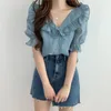 Kvinnor BLOUSES Fashion Korean Ruffled Women Summer Sweet Slim Clothes V Collar Ladies Tops Vintage Shirts NS5756